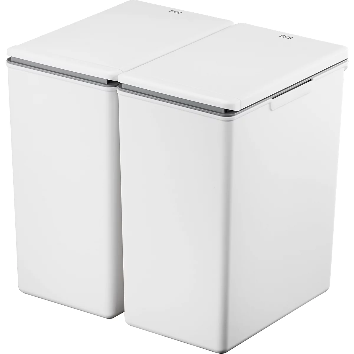Deux poubelles blanches avec couvercles côte à côte.