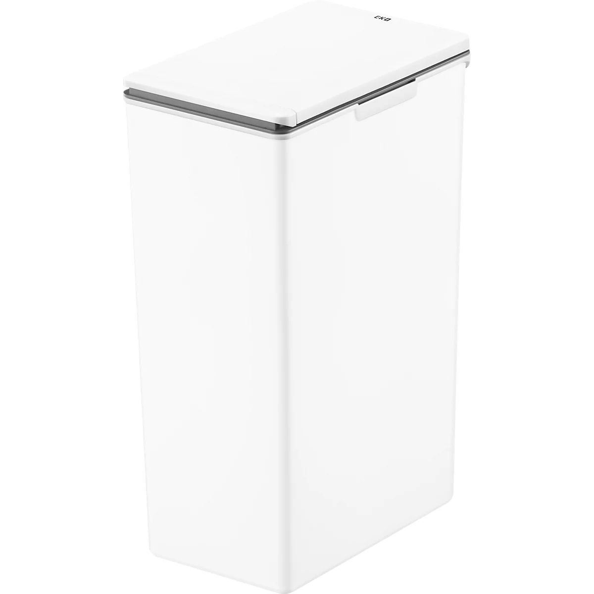 Poubelle blanche rectangulaire avec couvercle rabattable. Le couvercle est légèrement ouvert.