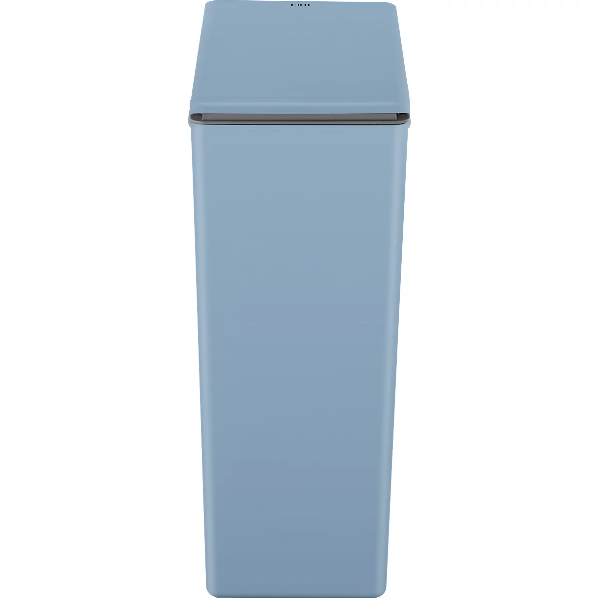 Poubelle bleu clair avec couvercle. Nom du fabricant en haut.