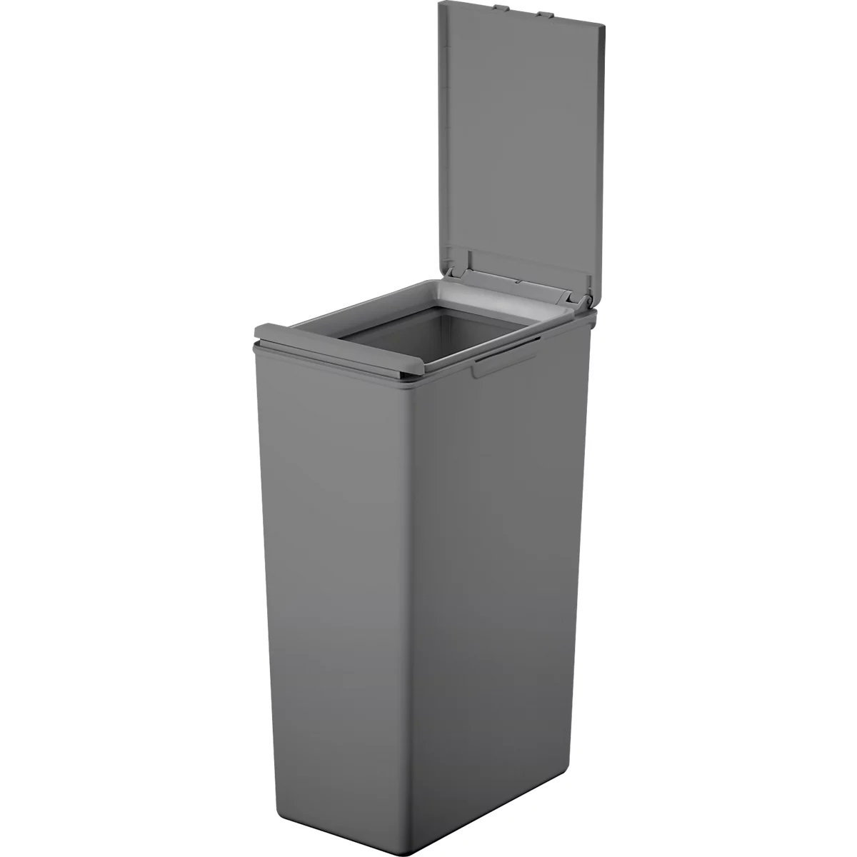 Poubelle rectangulaire grise avec couvercle ouvert. Le couvercle est articulé sur le bord supérieur du conteneur.
