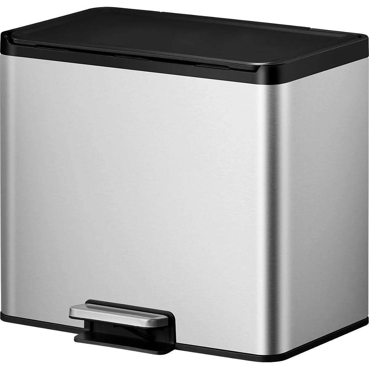 EKO Treteimer Essential Recycler, 2 x 15 Liter, Edelstahl, fingerabdrucksicher, Stay-open-Funktion, B 462 x T 338 x H 411 mm, silber/schwarz