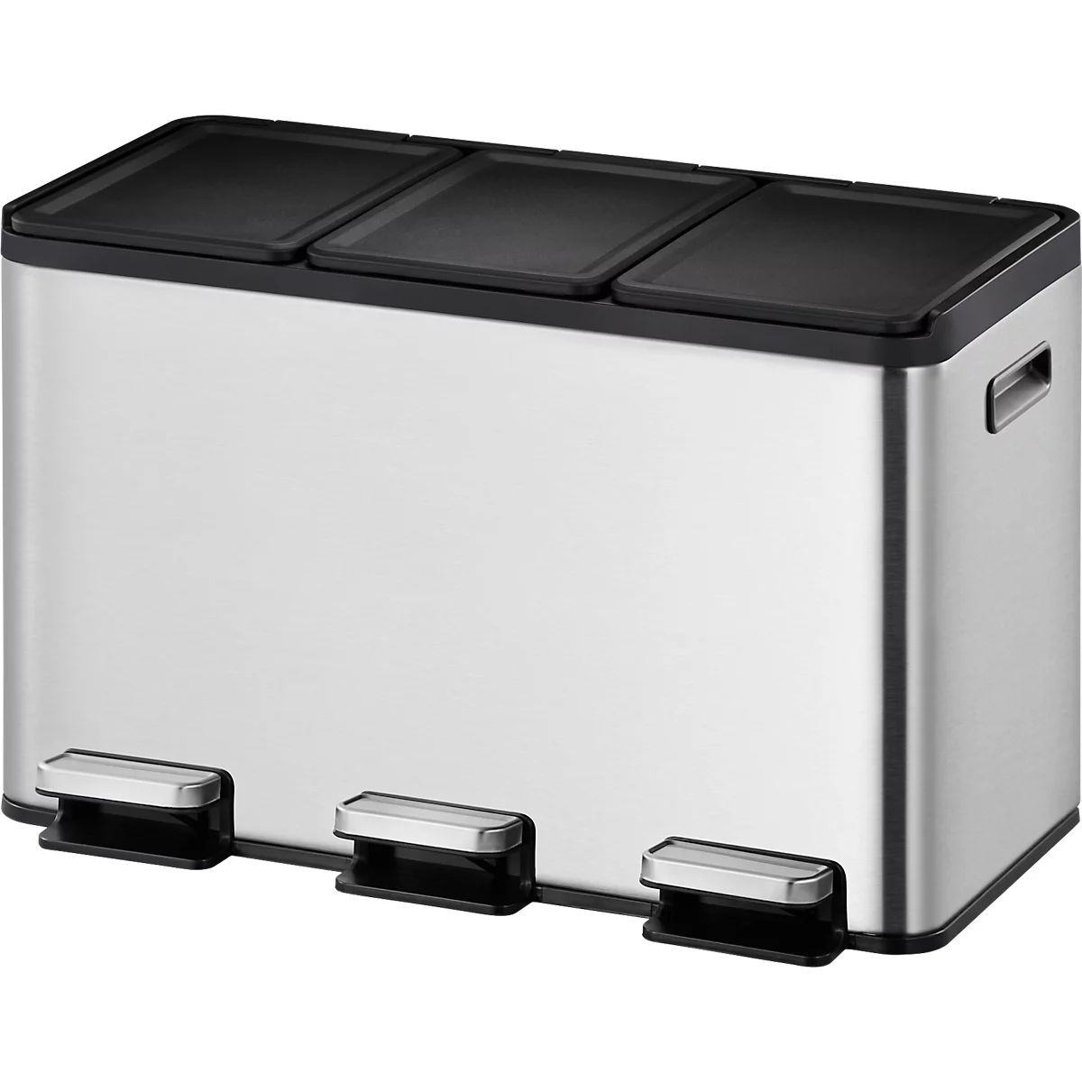 EKO Treteimer Essential Recycler, 3 x 10 Liter, Edelstahl, fingerabdrucksicher, Stay-open-Funktion, B 595 x T 321 x H 371 mm, silber/schwarz