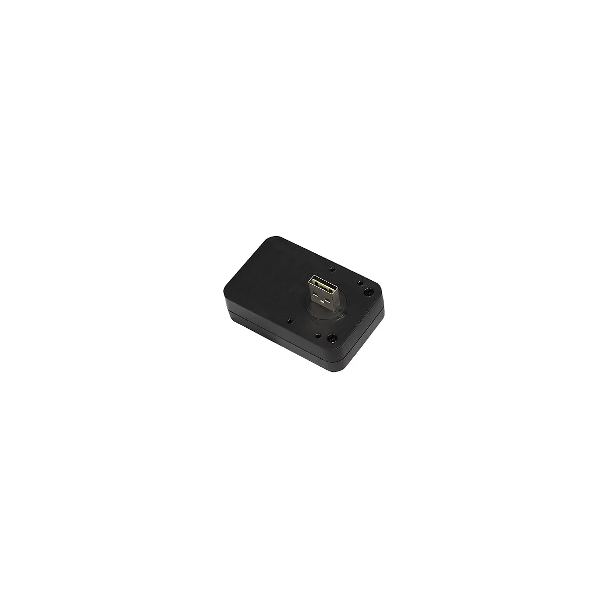 Schwarzer USB-Adapter; rechteckige Form. Der USB-Anschluss ist in einer Aussparung eingelassen.