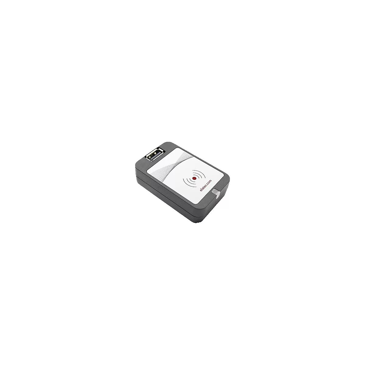 Grauer, rechteckiger Kartenleser mit USB-Anschluss. Auf der Oberseite weißes Feld mit Funkwellen-Symbol und rotem Punkt, sowie elatec.com.
