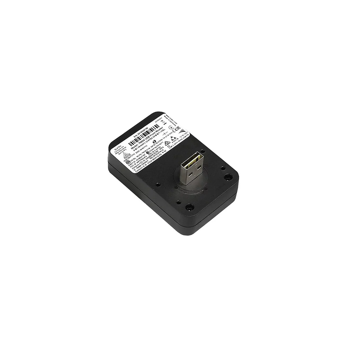 Schwarzes, rechteckiges Gerät mit einem USB-Anschluss, das an einem Ende aus dem Gehäuse herausragt. Auf der Oberseite befinden sich Beschriftungen.
