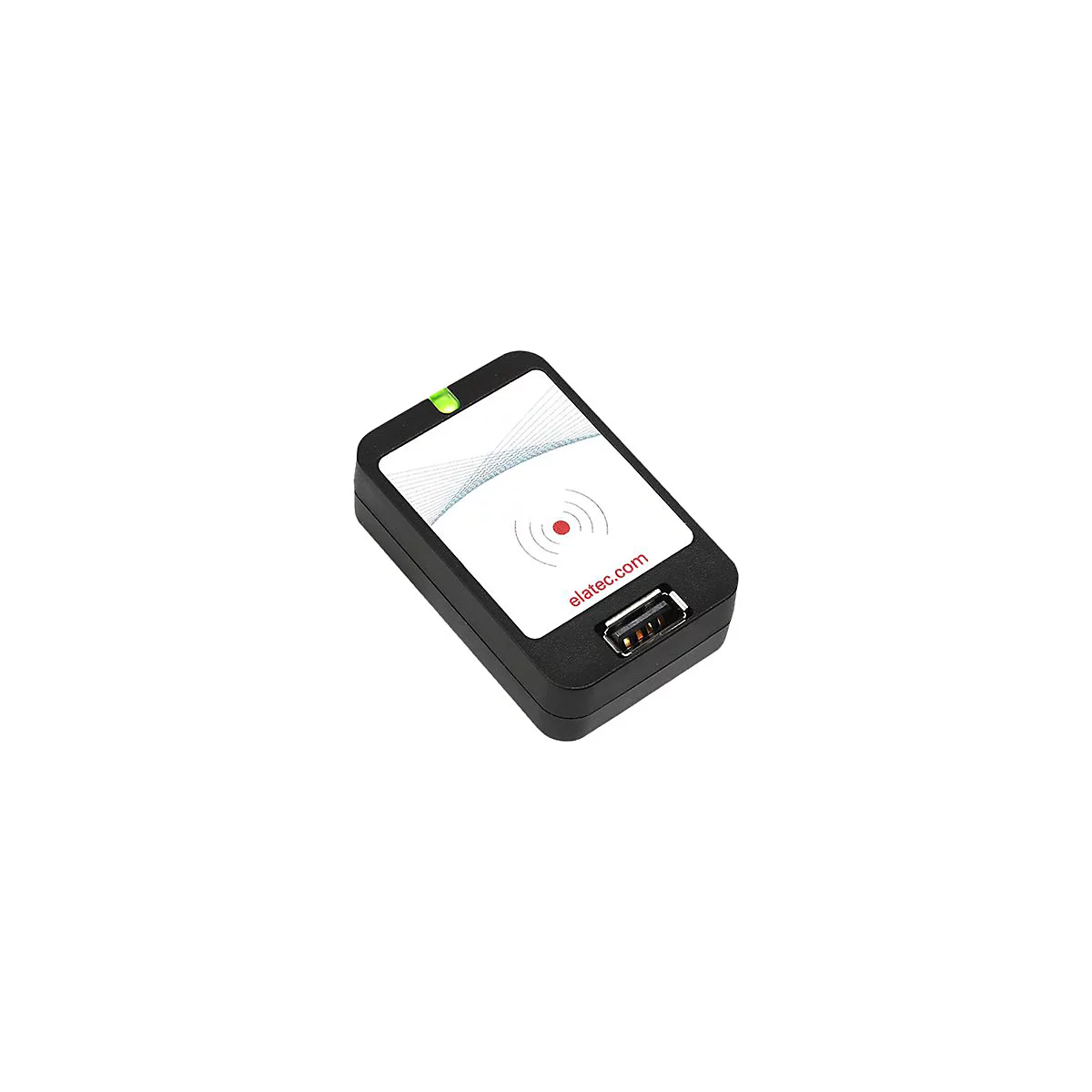 Schwarzes, rechteckiges Lesegerät mit USB-Anschluss. Auf der weißen Oberseite Logo, roter Punkt, Text "elatec.com". Grüne LED.