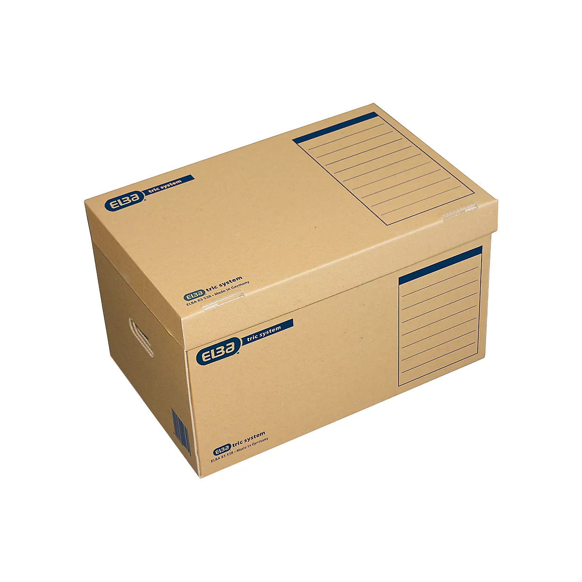Brown ELBA archive box. Label areas, handle. Lid slightly open.