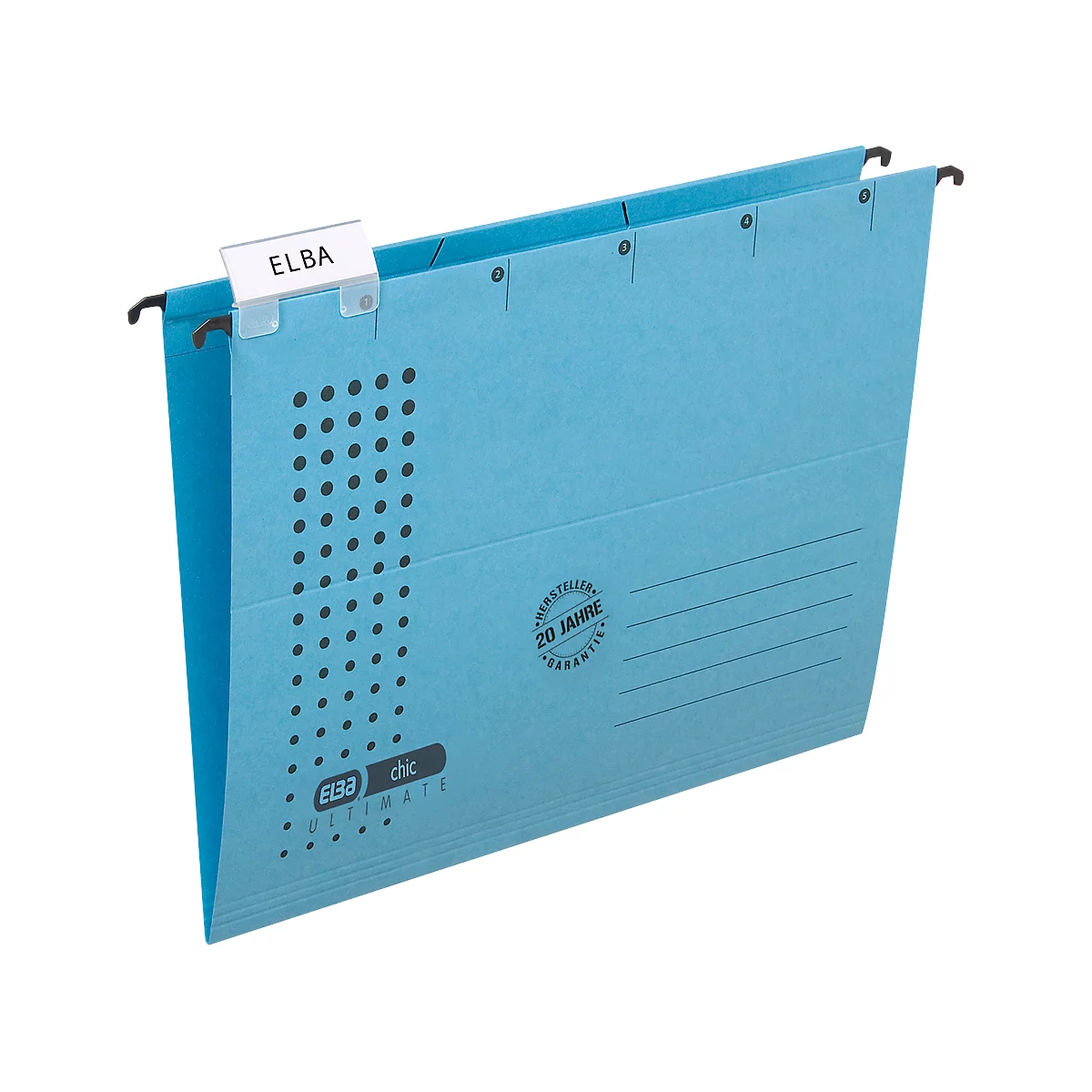 Light blue hanging file folder with "ELBA" label. Logo and text on the folder. Details visible.