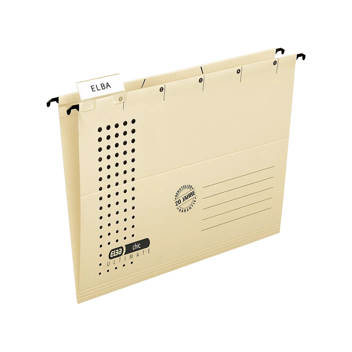Beige hanging file with black hooks and ELBA label. Print with company logo and 20 years warranty.