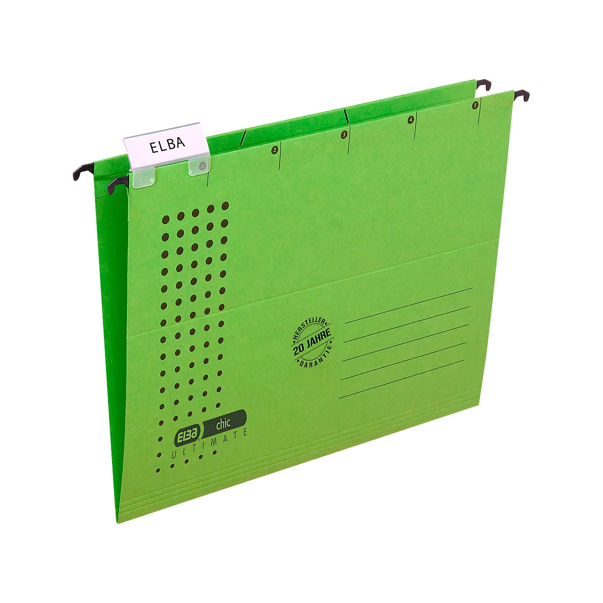 Green hanging file folder. The tab reads "ELBA". There are markings for perforations on the folder.