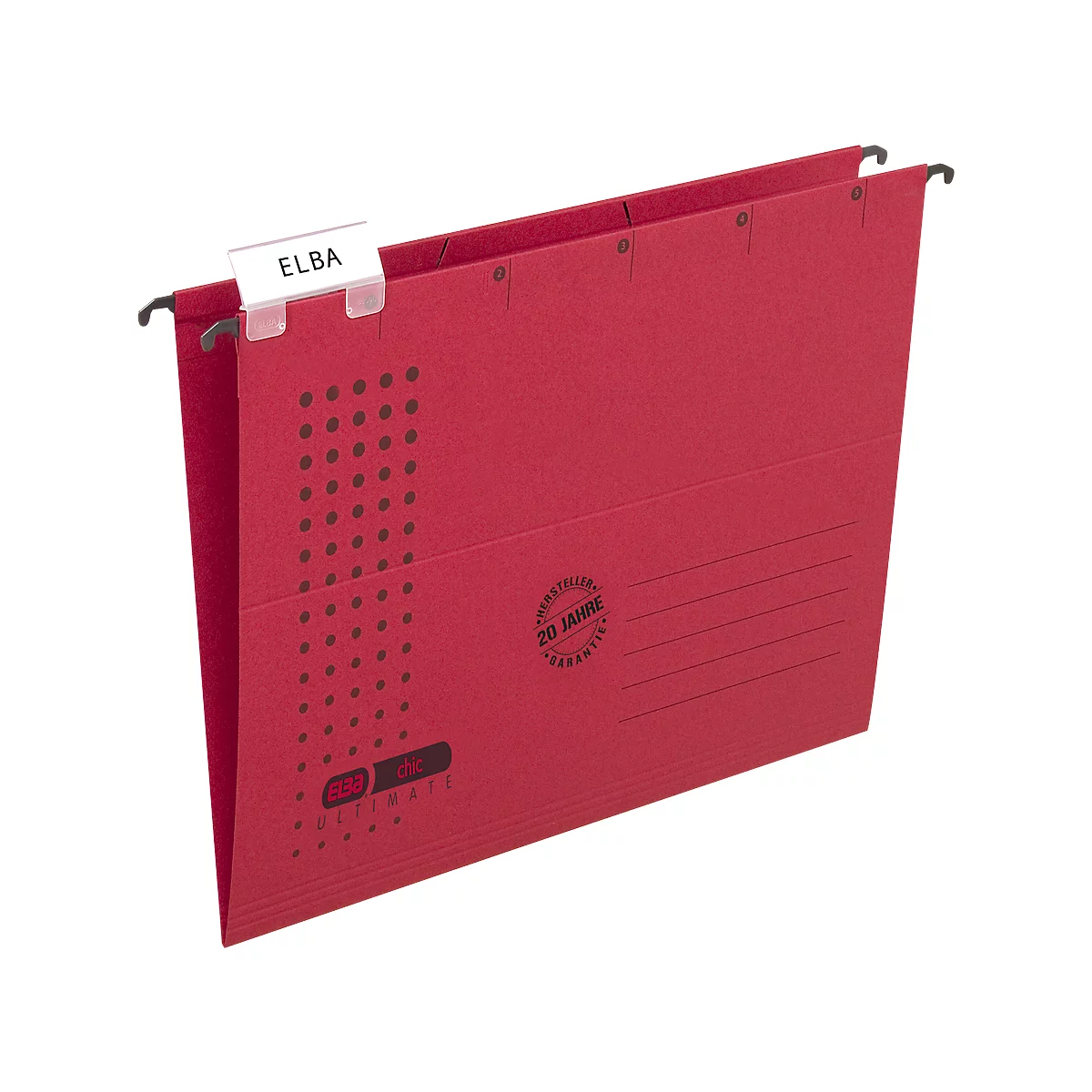 Red hanging file folder with white ELBA label.