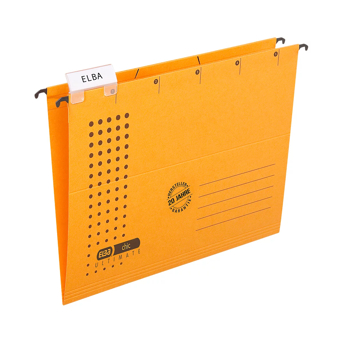 Orange hanging file with ELBA label, black hooks, detail view.