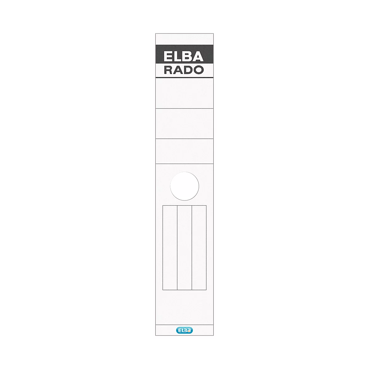 Smalle witte kaart met "ELBA RADO" en drie verticale rechthoeken.