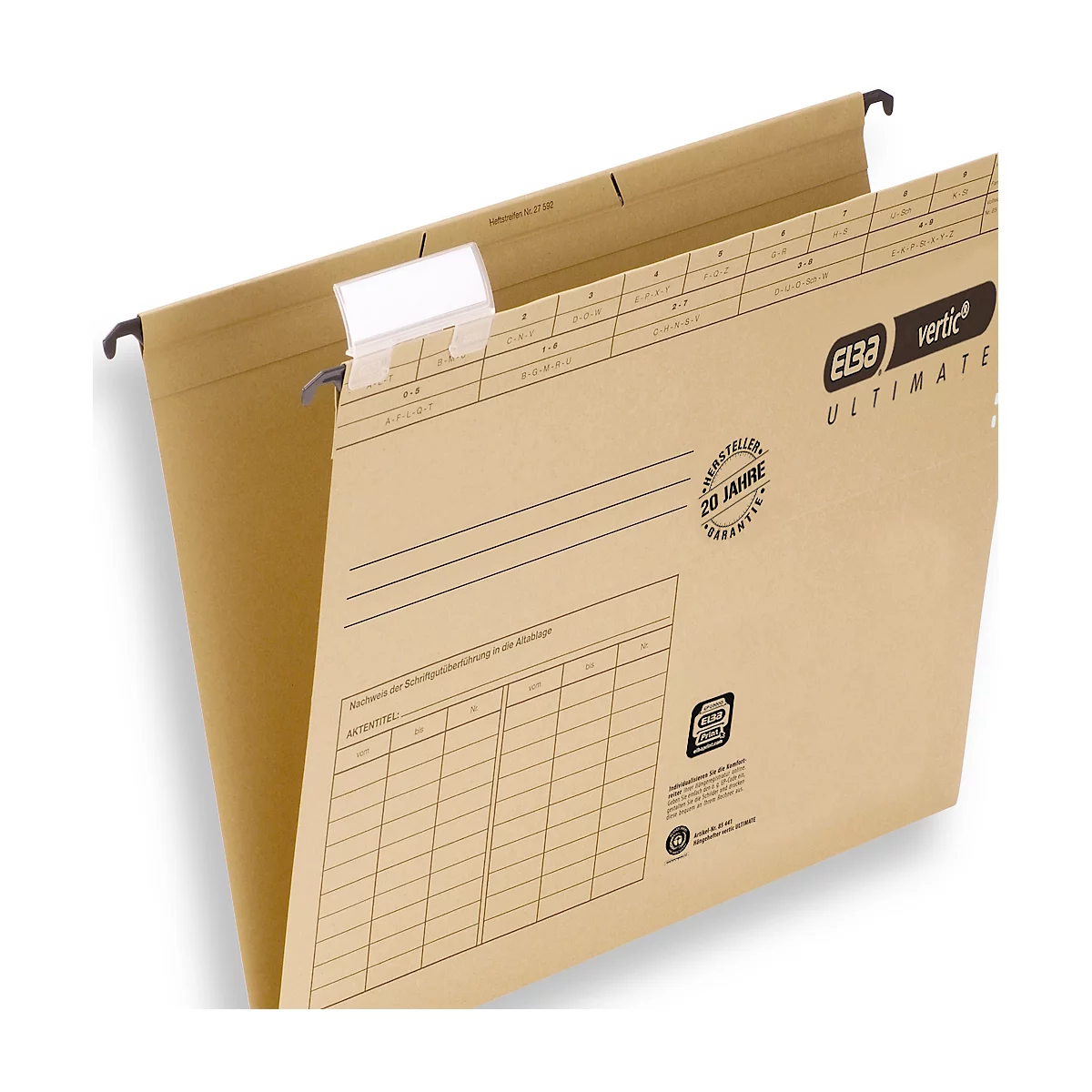 Hanging file folder, beige, open, with label holder and metal hanger.