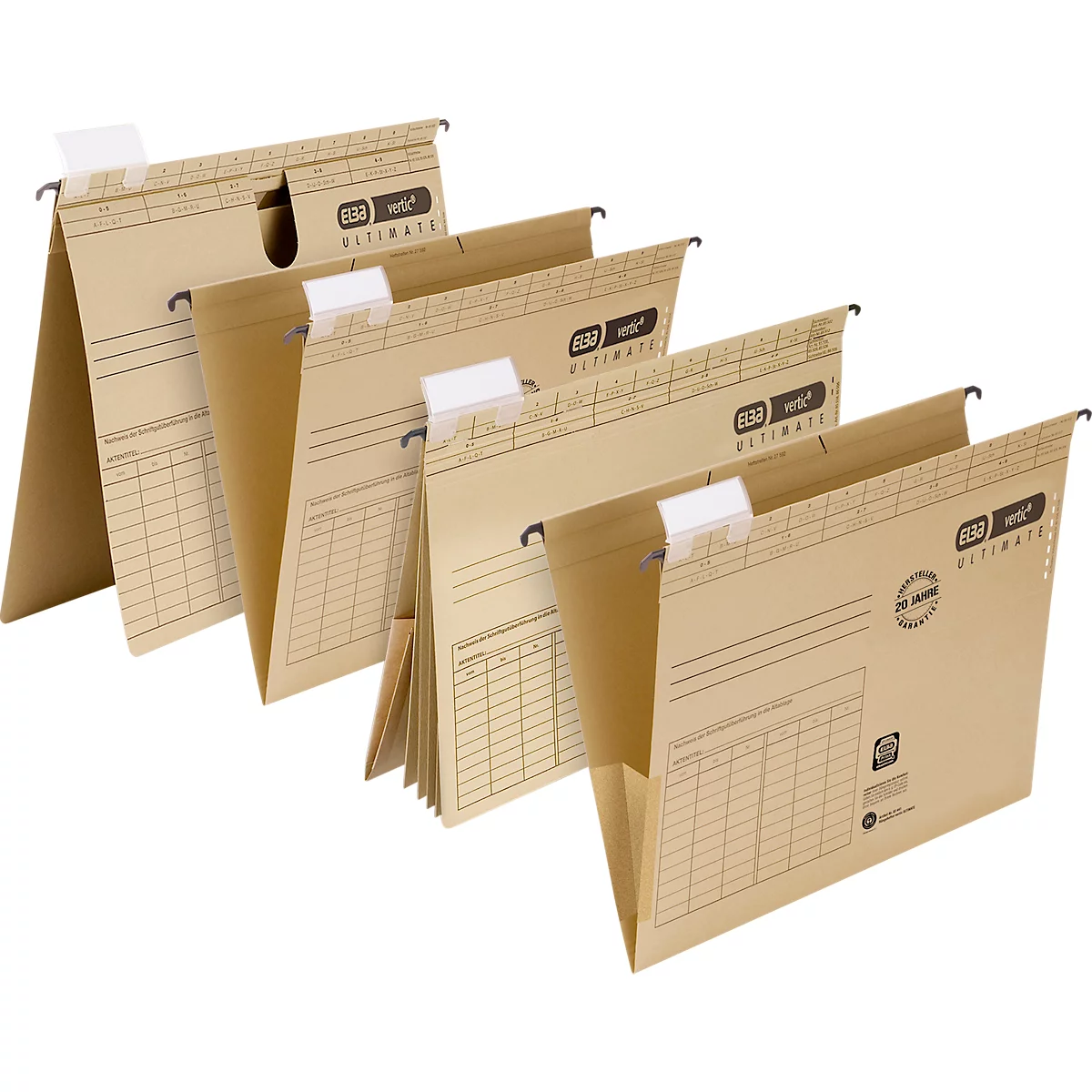 Beige hanging folders. Each folder has a white tab and metal hooks. The 'werz ULTIMATE' logo is printed on them.