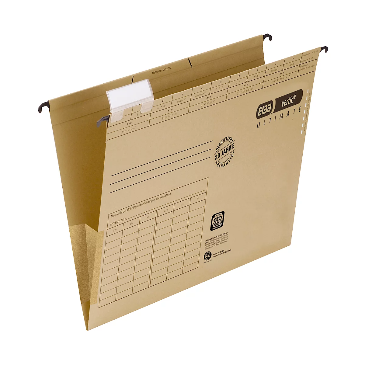 Brown paper hanging file with black hooks and white label, text: "ELBA Vertic ULTIMATE".