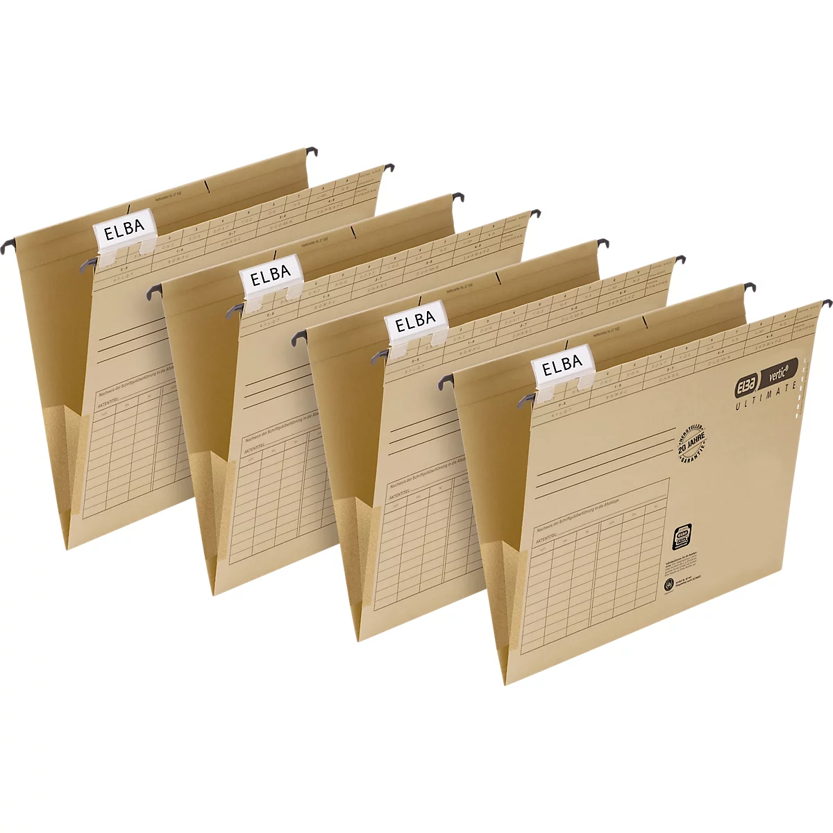Five brown hanging files with ELBA labels. The folders have black metal brackets.