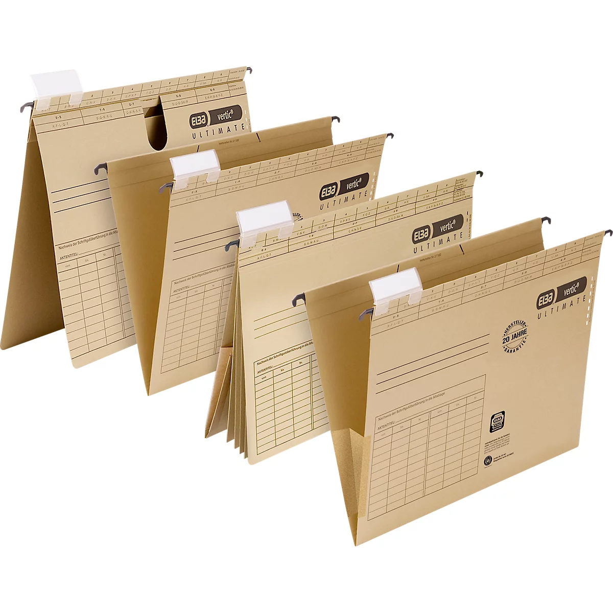 Series of brown hanging files with white index cards. Logo of the "veba" brand on each file.