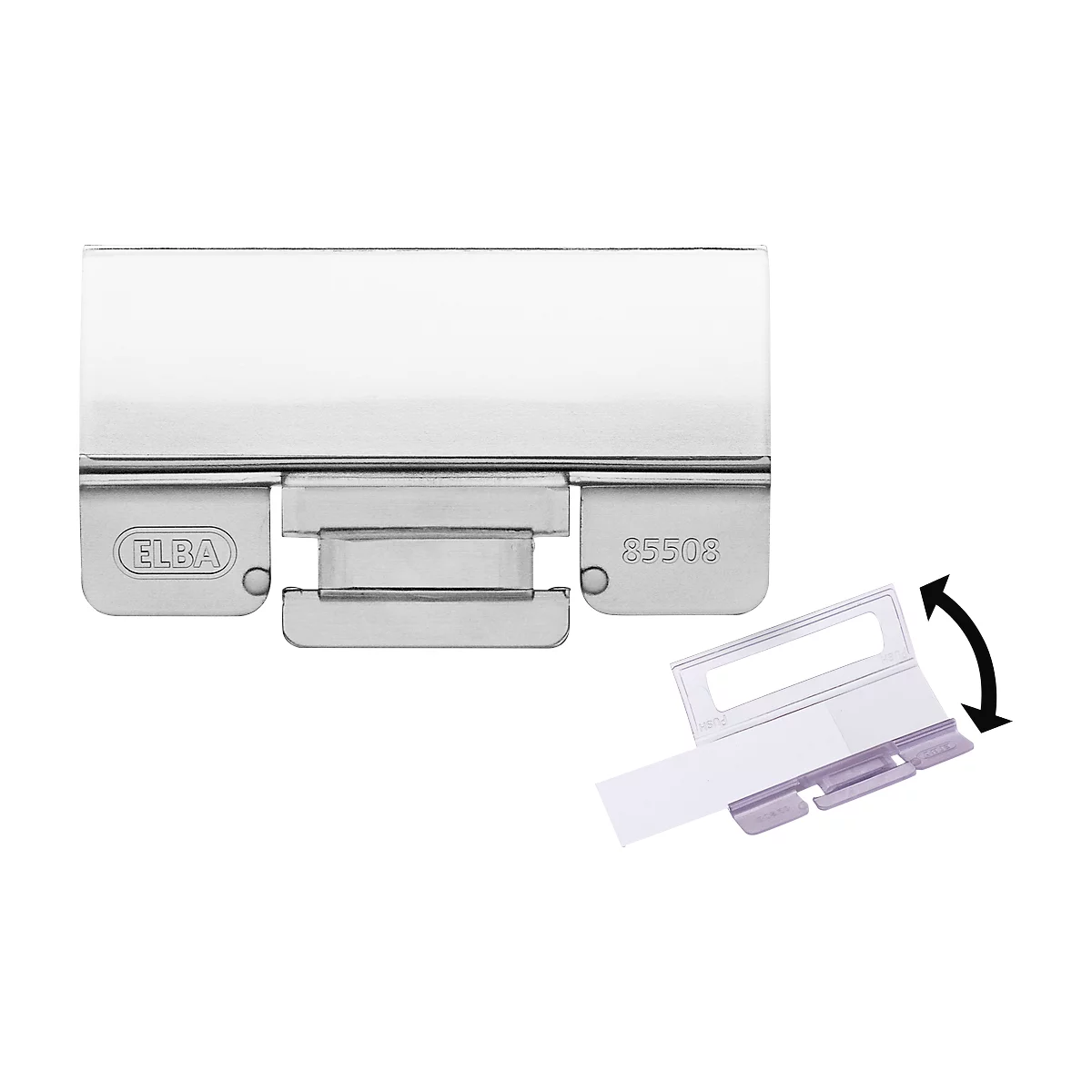 Metal file binder mechanism with labeling. Below is an insert with an arrow indicating direction.