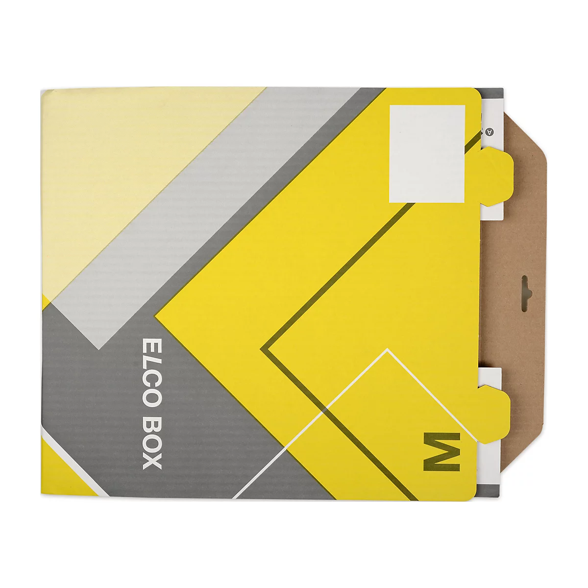 Yellow-gray box, inscribed "ELCO BOX", detail of the carton, marked with "M".