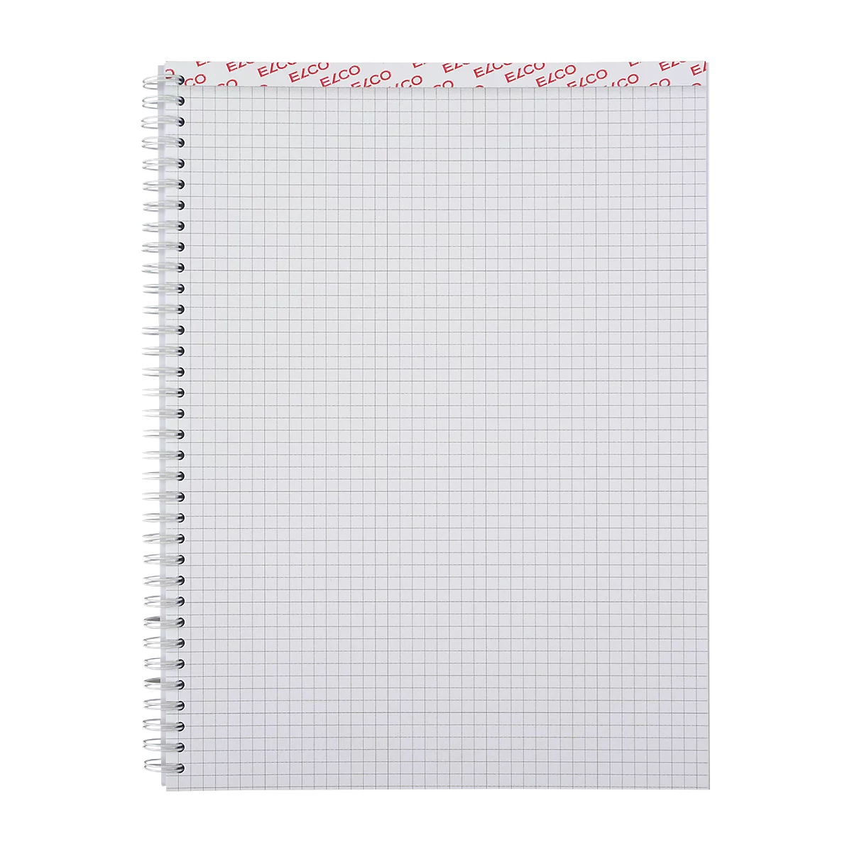 A white, squared notebook with a spiral binding. At the top is a red strip with the lettering "ELCO".