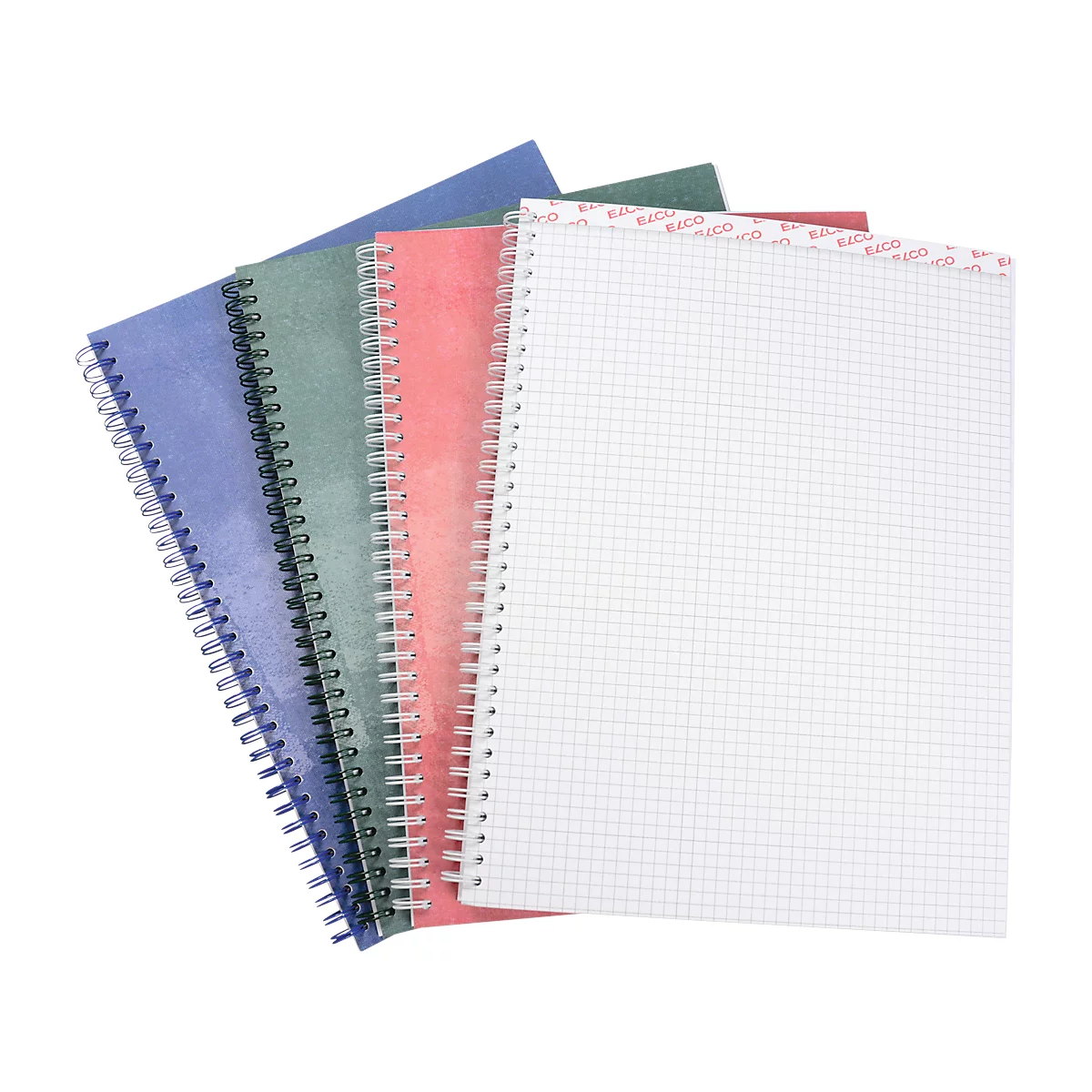 Five spiral notebooks in blue, green, pink, and white. The white page is squared.