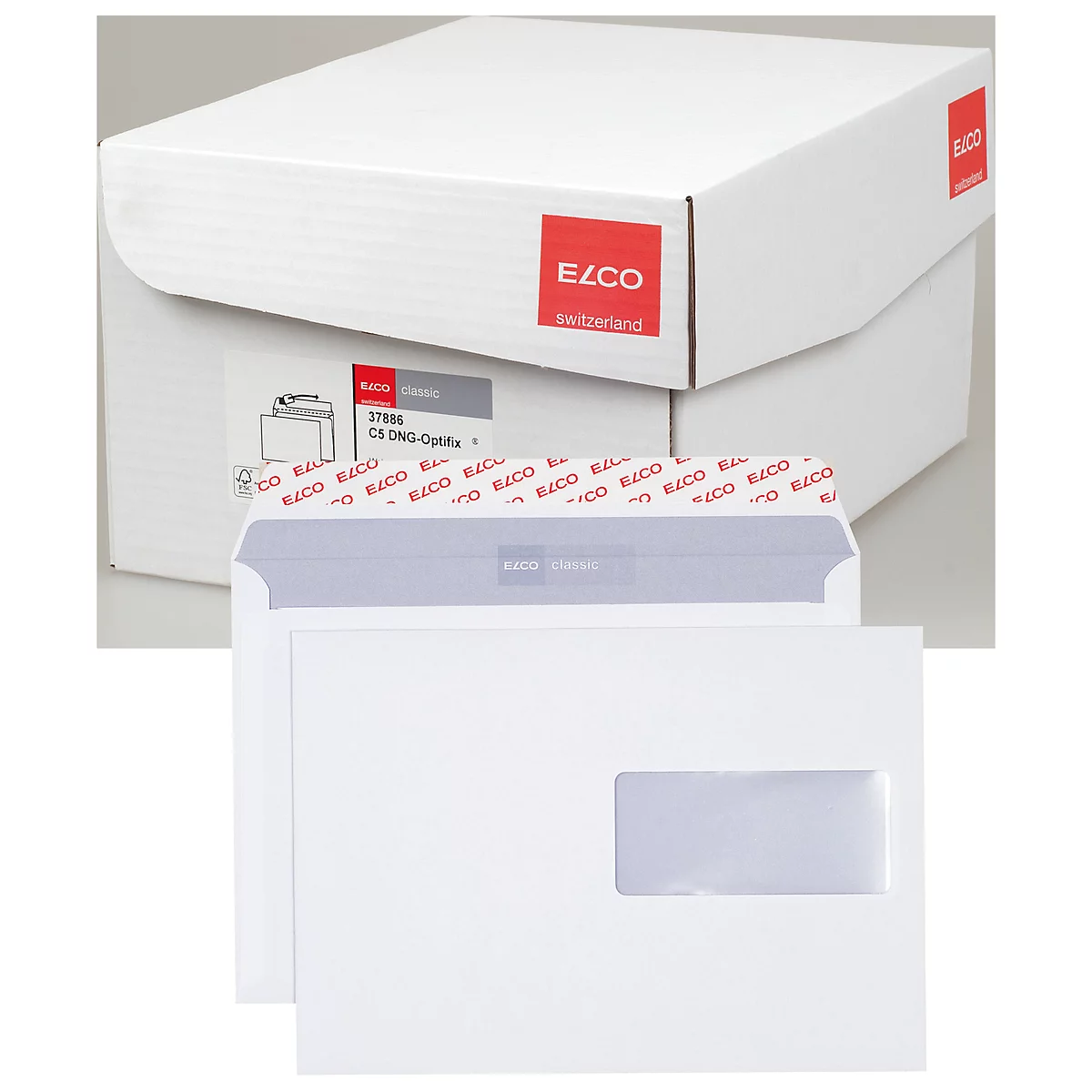 White envelopes with a window, boxes with the red ELCO logo and 'Switzerland' written on them.