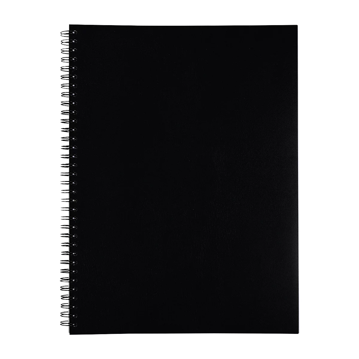 Black notebook with spiral binding. The pages are blank.