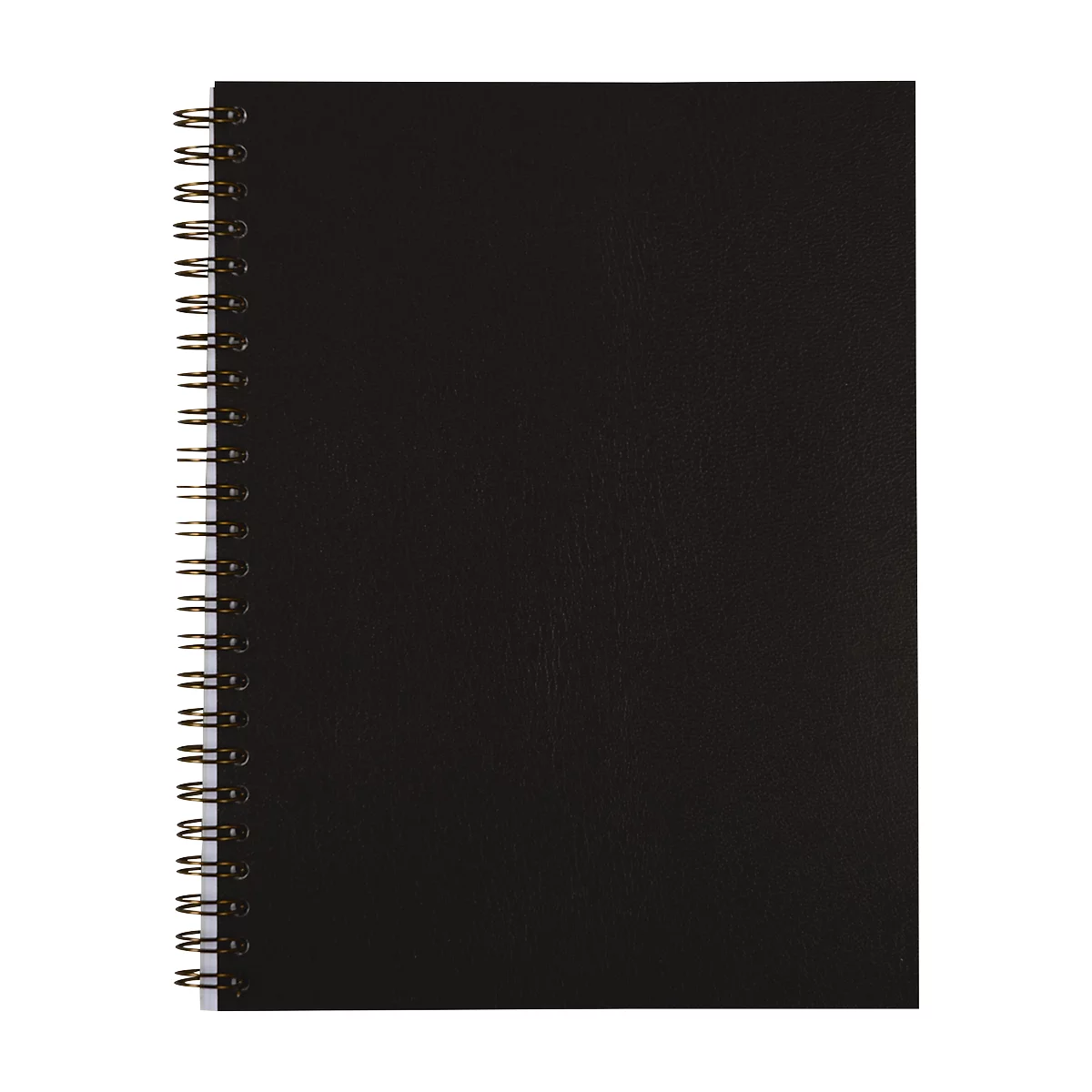 A black notebook with a gold spiral binding, resting on white paper.