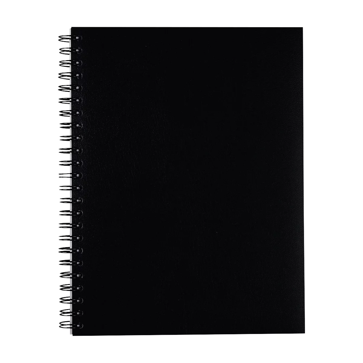 A black notebook with spiral binding.