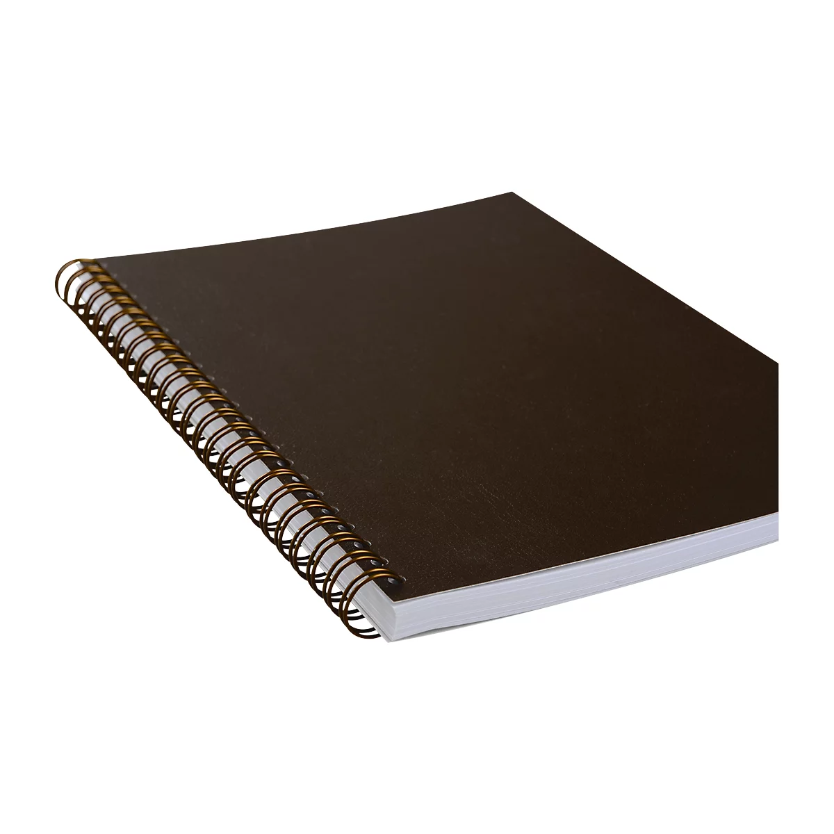 Dark brown spiral notebook, open double page, copper-colored spiral binding.