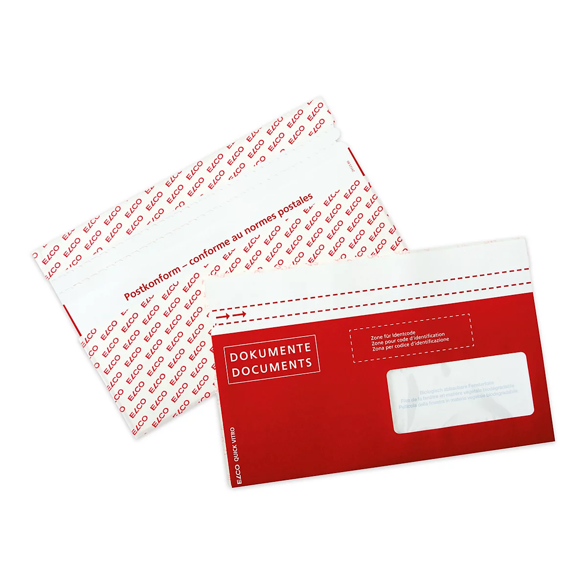 Red envelope with window, next to it a stack of white envelopes with prints. Inscription: Documents, Post-compliant.