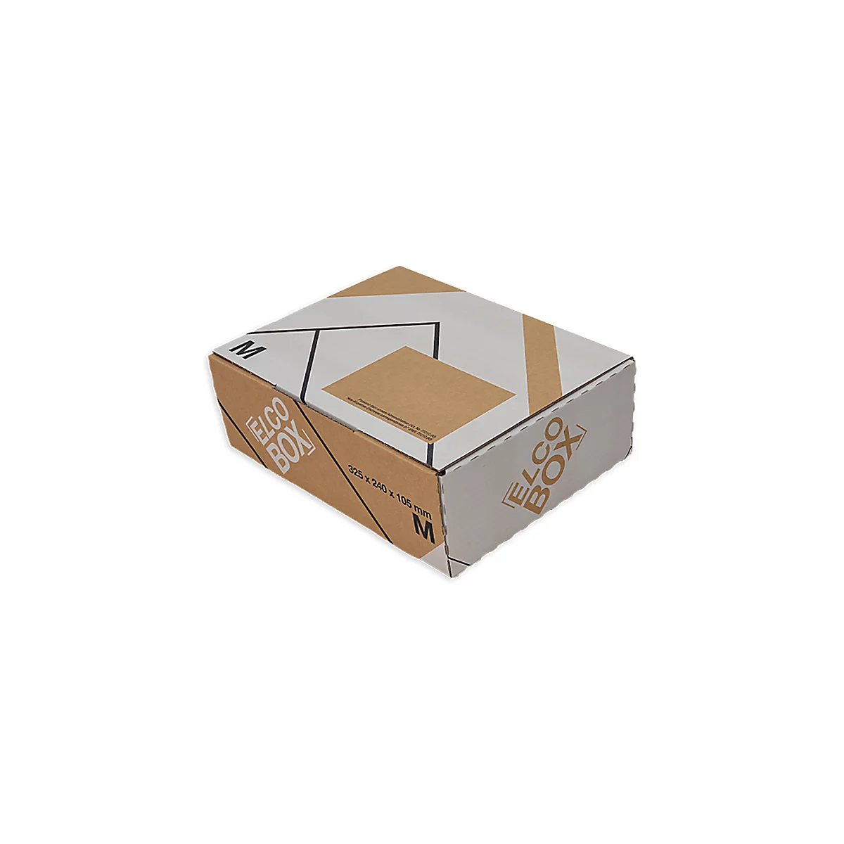 Boîte ELCO rectangulaire, marron et blanc. Imprimé avec "ELCO BOX", taille et "M".