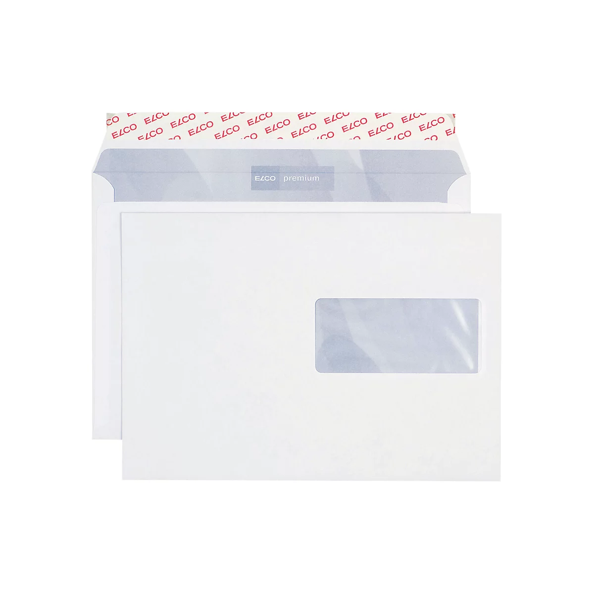 A white envelope with a viewing window. The envelope is from the ELCO brand.