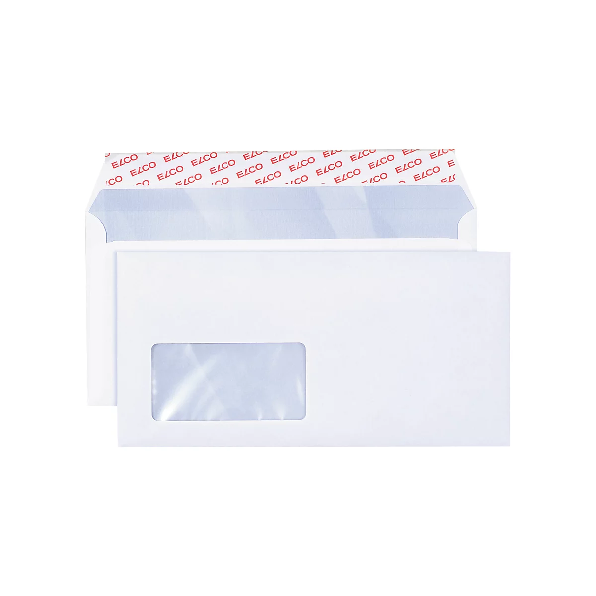 White envelope with window and red lettering on the closure. An envelope is lying open next to it.