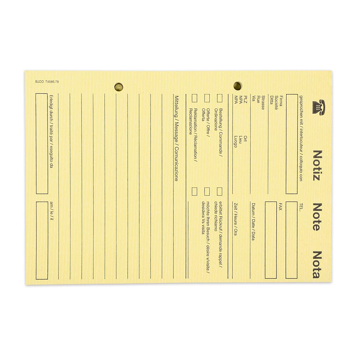 Yellow notepad sheet with lines, checkboxes and text. Top: Notiz, Note, Nota.