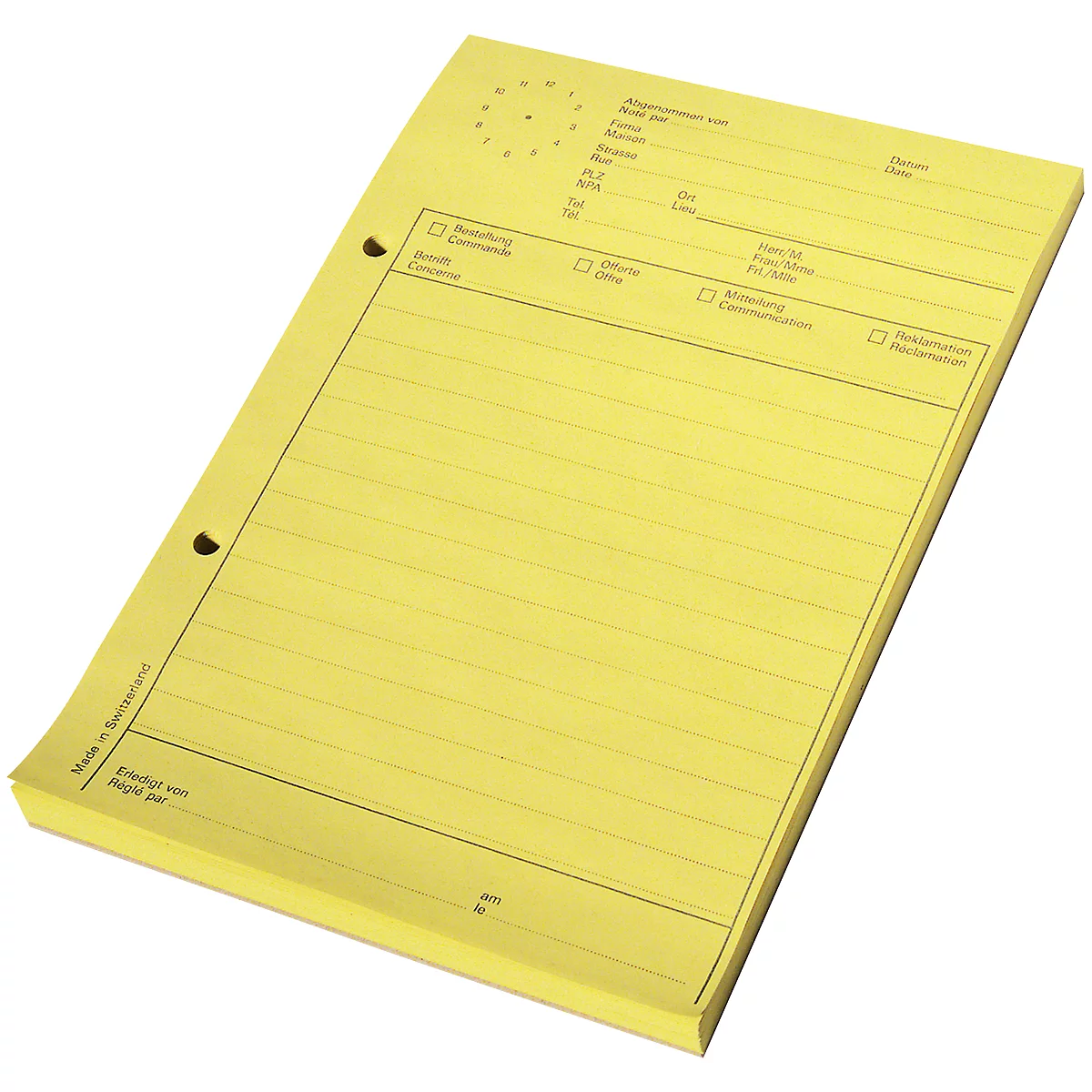 Yellow notepad with lines and holes, text fields. Inscription: "Made in Switzerland".