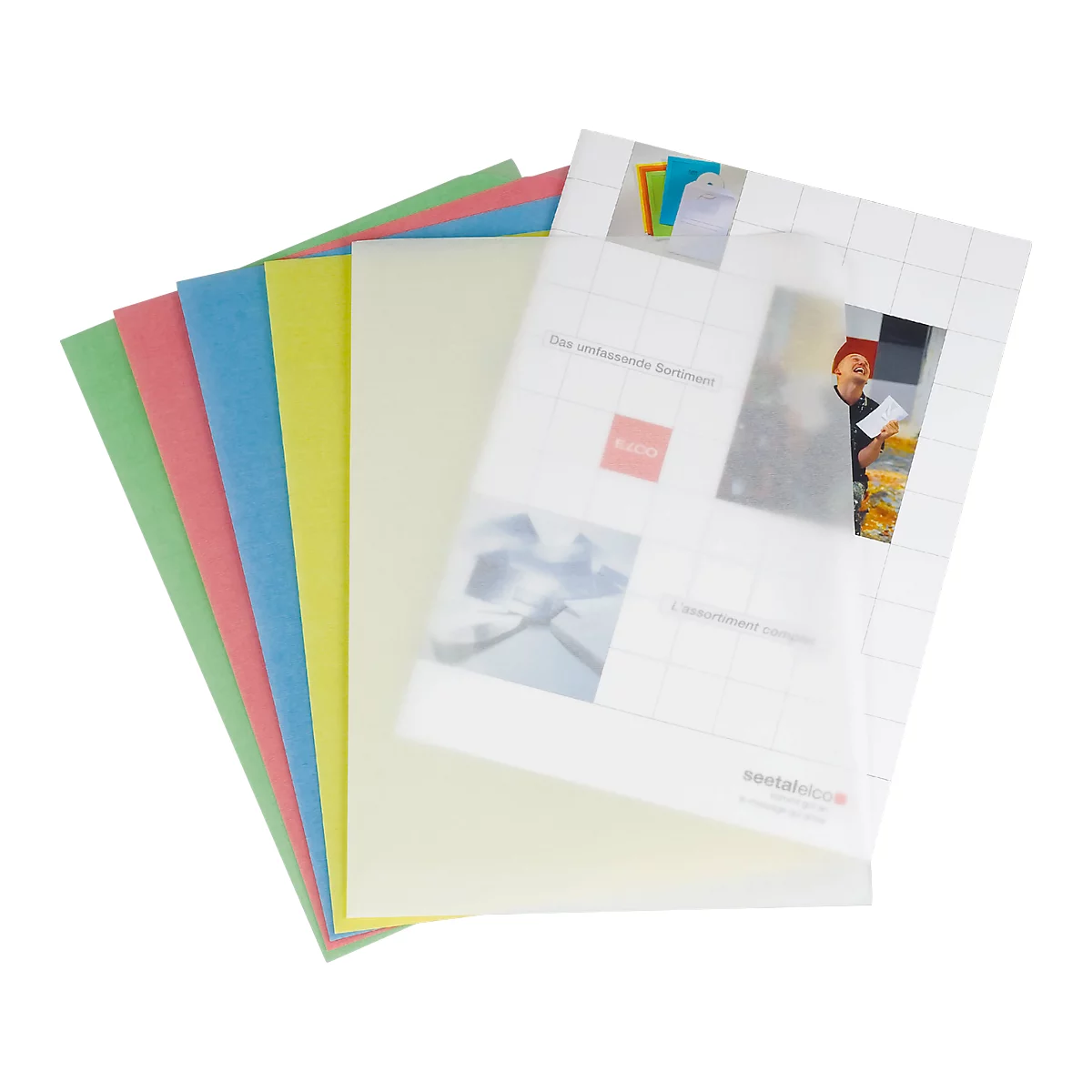 Multicolor sheets of paper next to a transparent cover with images and text.
