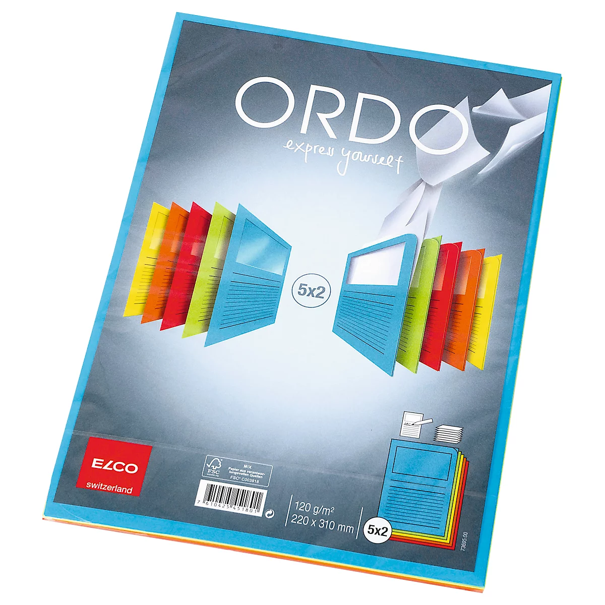 Blauer Ordner mit farbigen Trennblättern. Schriftzug: ORDO express yourself. ELCO Switzerland. Angaben zu Papierstärke und -grösse.