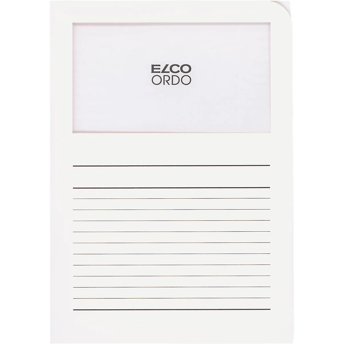 Weisses Notizbuch mit Rahmen und Linien. Im Rahmen steht "EZCO ORDO".