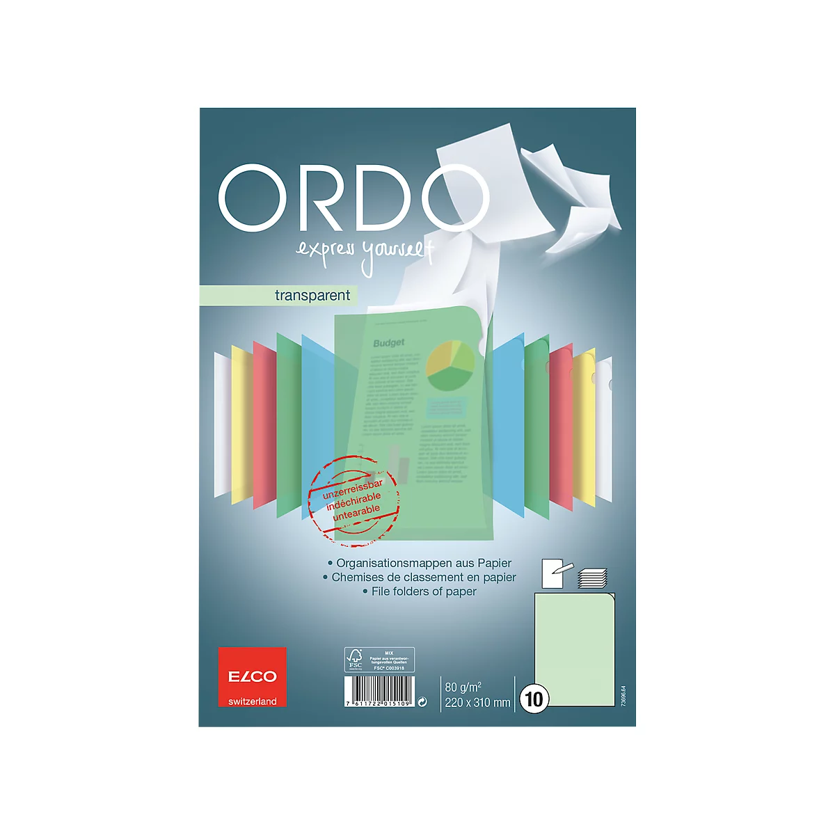 Advertising image for transparent folders. Various colored folders, next to them white sheets of paper flying with the lettering ORDO.