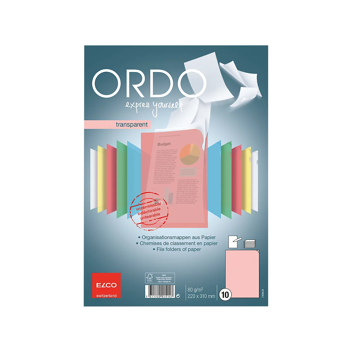 Product advertisement for folders. Transparent pink folder in front of colored folders, sheets of paper falling. Text: ORDO, transparent.