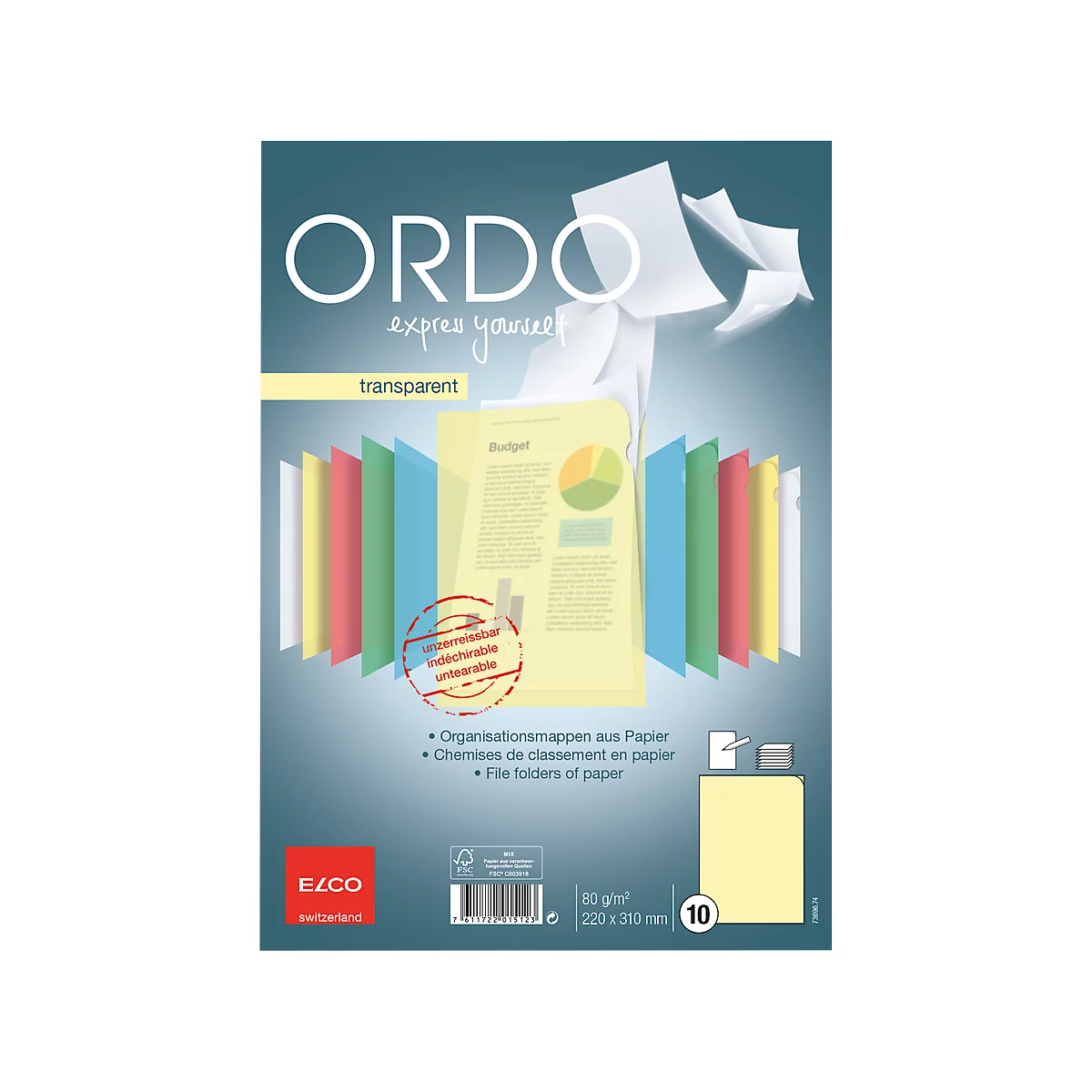 Product image of a pack of transparent paper organizers. A colorful rainbow in the background.