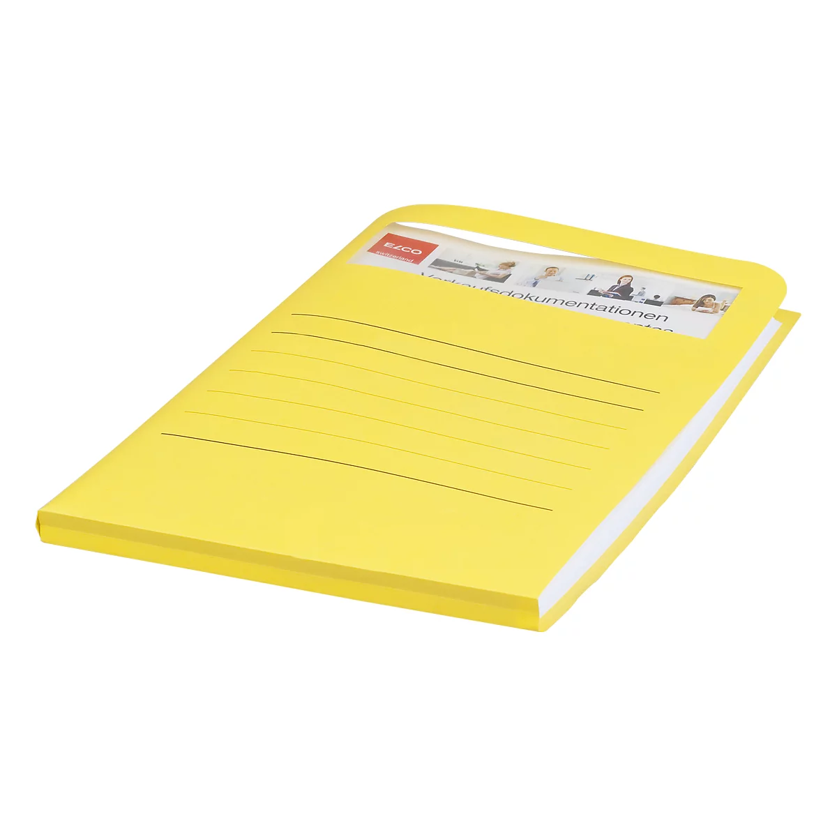 Yellow document folder with handle and window, which reads 'Dokumentationen'.