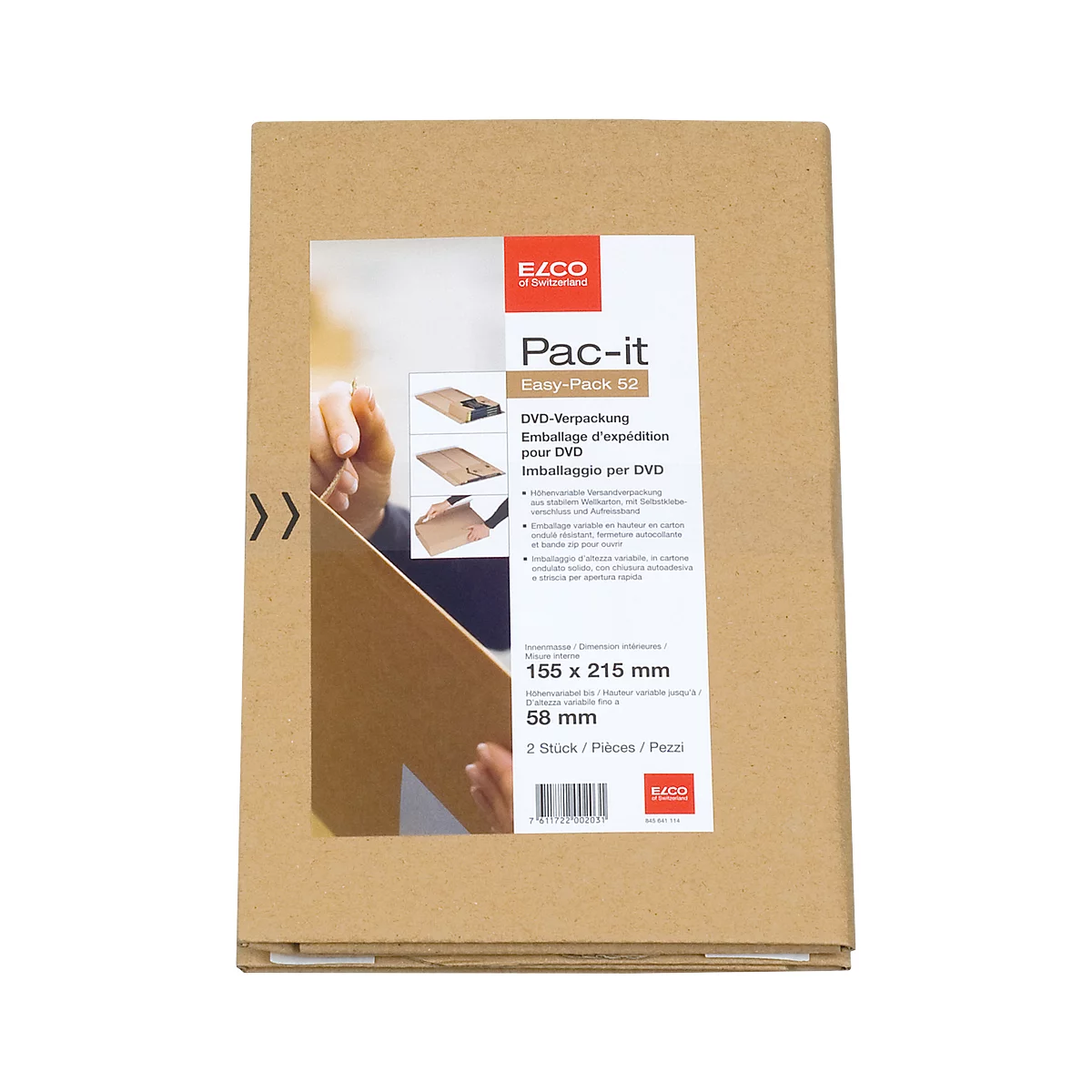 Brown DVD packaging with prints, product name Pac-it Easy-Pack 52, and manufacturer logo. Dimensions: 155 x 215 mm.
