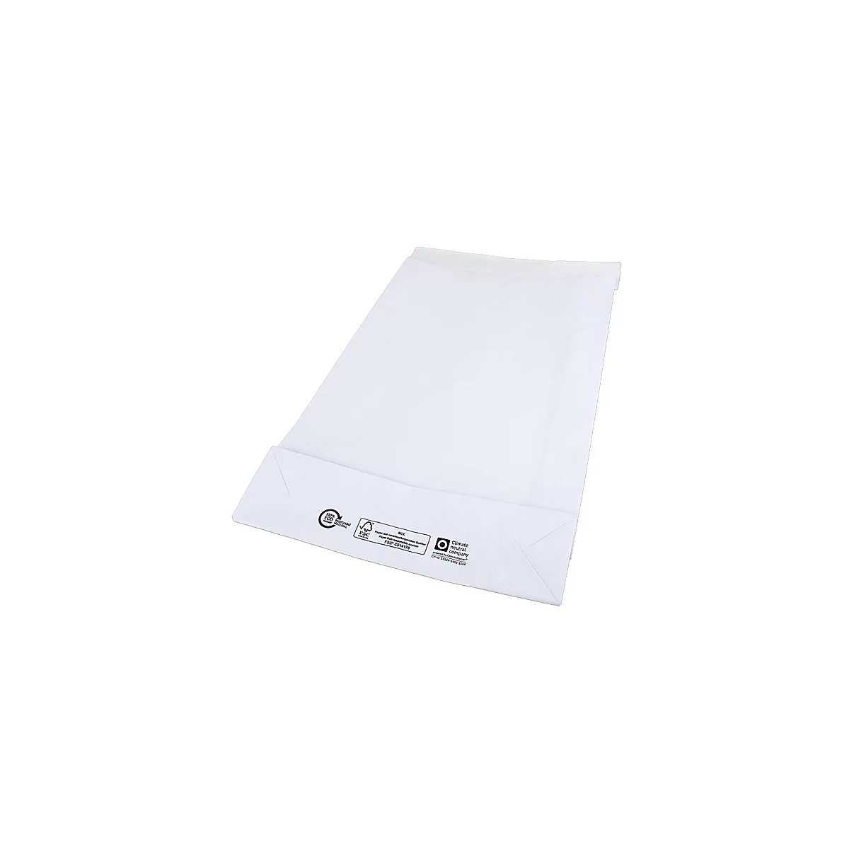 Sac en papier blanc, légèrement ouvert posé sur une surface. Impressions et logos en bas.