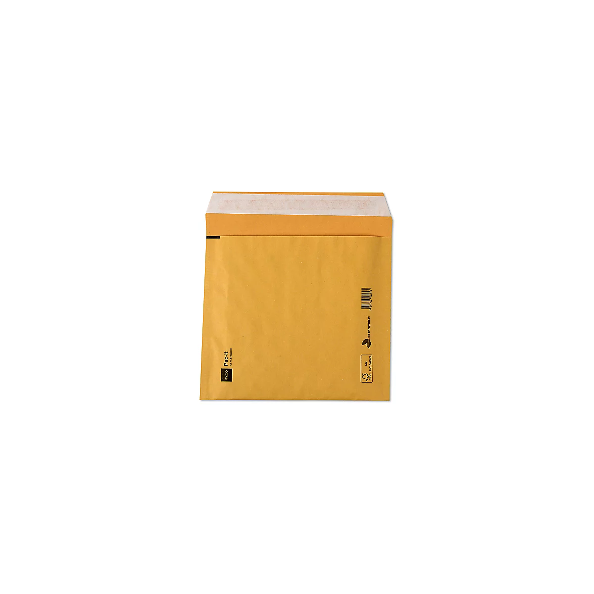 Brauner Luftpolsterumschlag mit geöffneter Klappe, Strichcode, Logo.