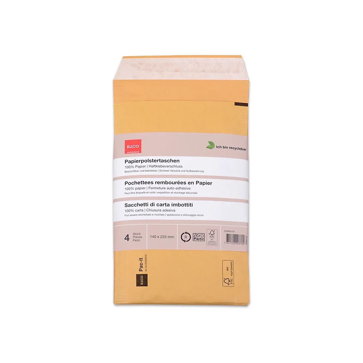 Brauner Luftpolstertaschen-Packung, bedruckt mit Produktinformationen in verschiedenen Sprachen.