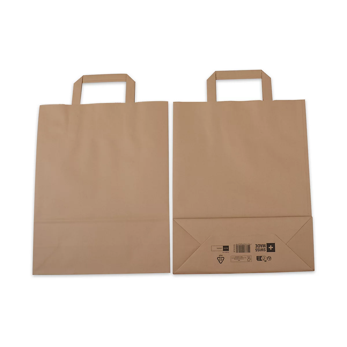 Zwei braune Papiertüten mit Henkeln stehen nebeneinander. Eine zeigt die Vorderseite, die andere die Unterseite mit Aufdruck.