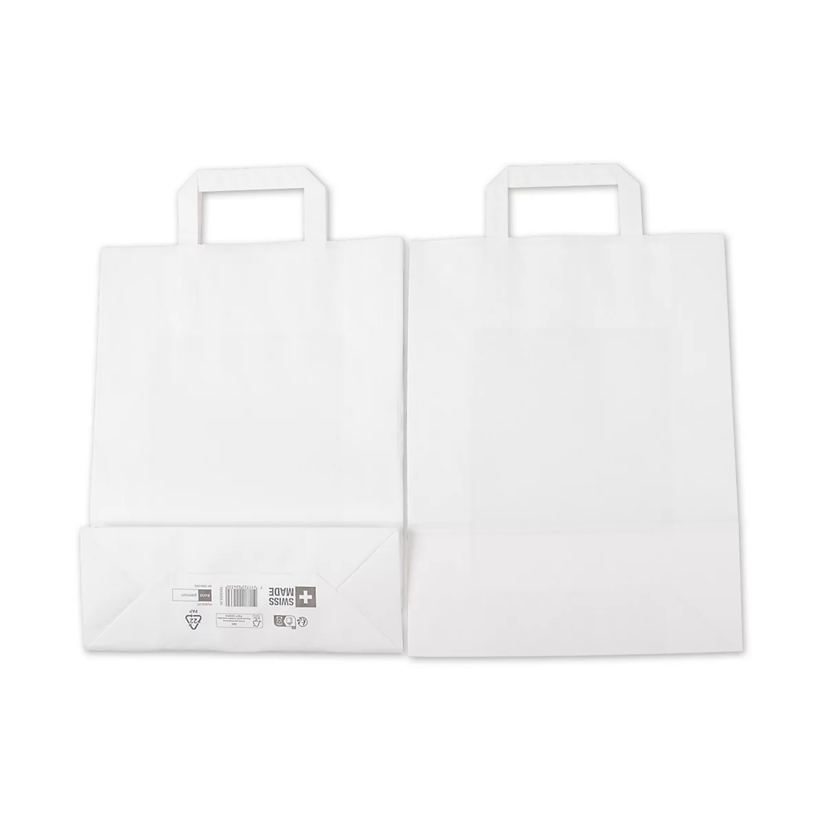 Zwei weisse Papiertüten mit Henkeln stehen nebeneinander. Details wie Barcode und Logo sind unten.